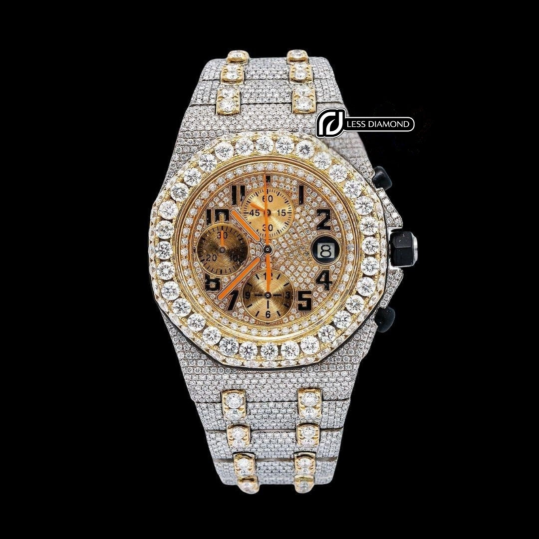 AP Royal Oak Offshore Chronograph Yellow Gold Dial Standard Numerals Two Tone Iced Out Moissanite Watch Front View