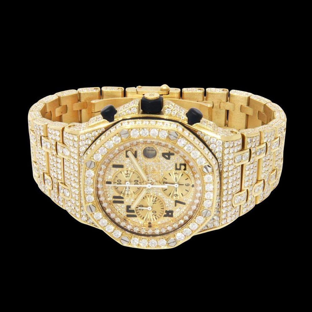 AP Royal Oak Offshore Standard Numerals Chronograph Dial Fully Iced Out Yellow Gold Moissanite Watch Close Up Front View