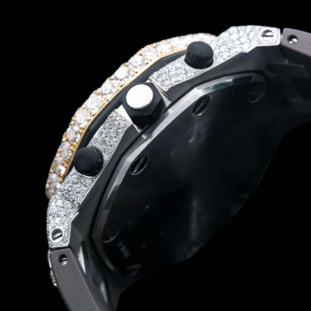 AP Royal Oak Offshore Standard Numerals Chronograph Dial Semi Iced Out Rubber Strap Watch Close Up Crown View