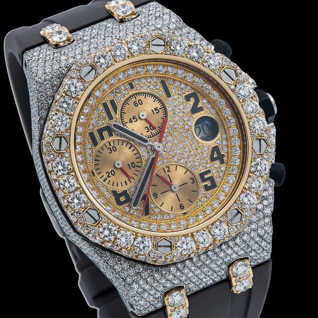AP Royal Oak Offshore Standard Numerals Chronograph Dial Semi Iced Out Rubber Strap Watch Close Up Dial View