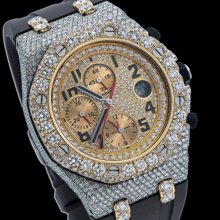 AP Royal Oak Offshore Standard Numerals Chronograph Dial Semi Iced Out Rubber Strap Watch Close Up Dial View