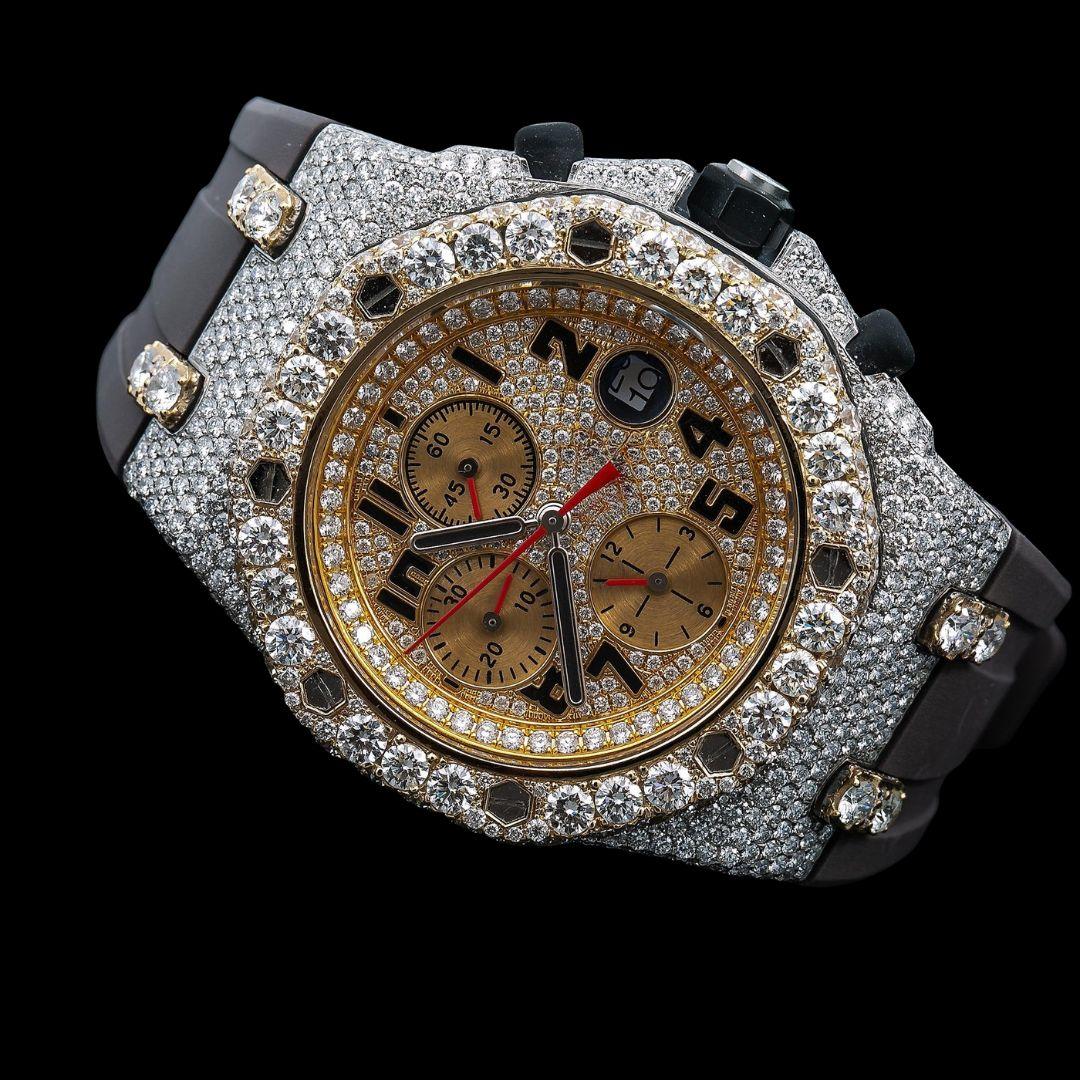 AP Royal Oak Offshore Standard Numerals Chronograph Dial Semi Iced Out Rubber Strap Watch Close Up Front View