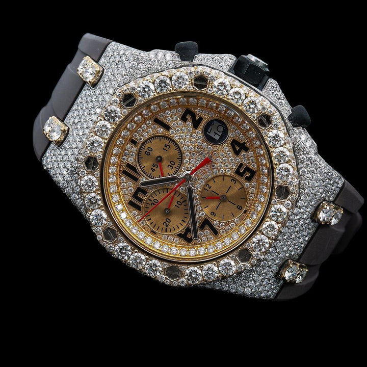 AP Royal Oak Offshore Standard Numerals Chronograph Dial Semi Iced Out Rubber Strap Watch Close Up Front View