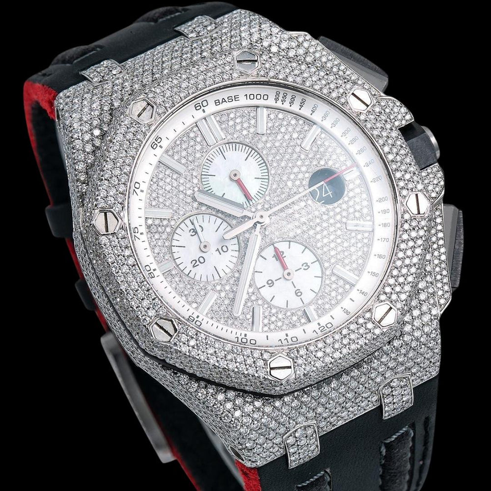 AP Royal Oak Offshore Stick Markers Chronograph Black Leather Strap Moissanite Watch Close Up Dial View