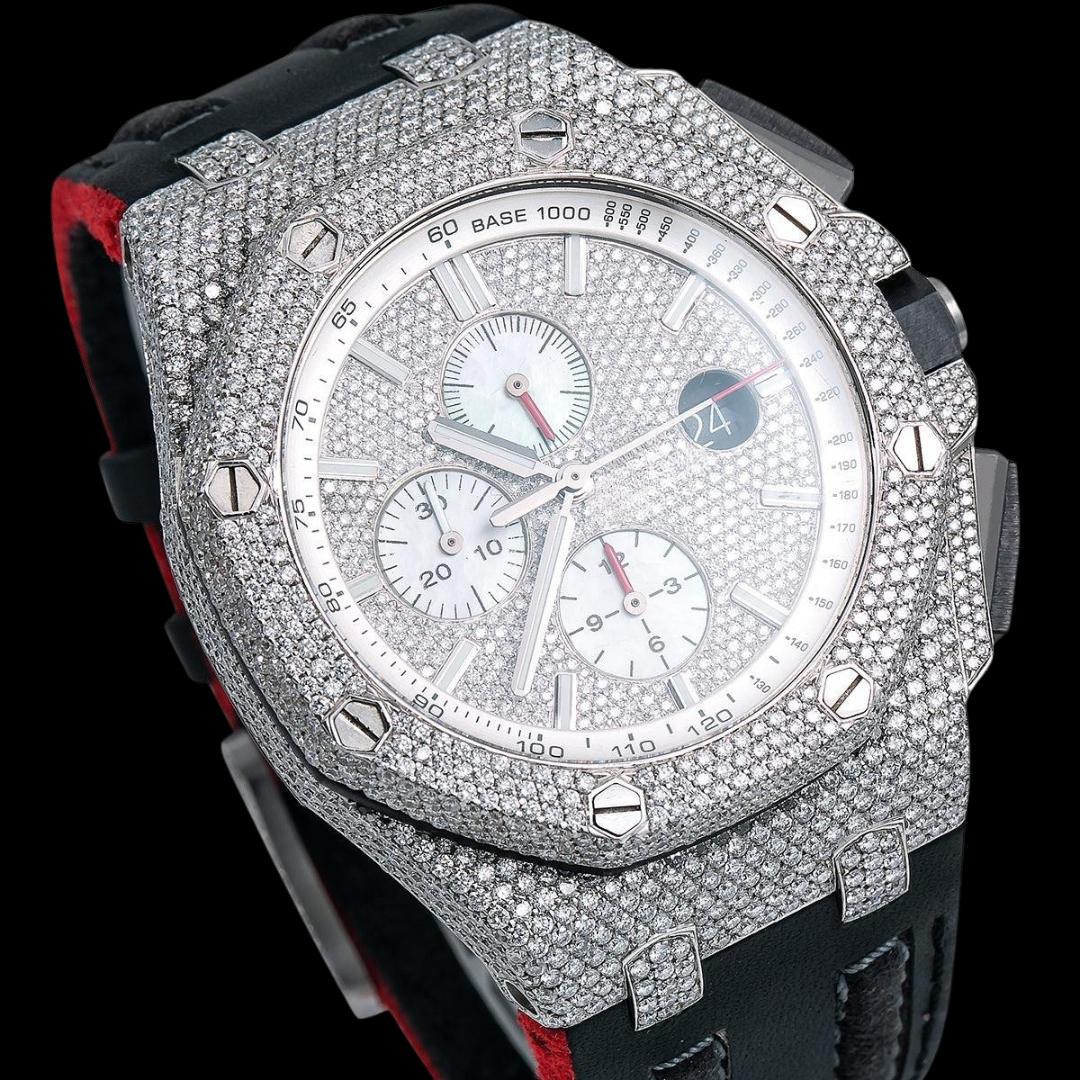 AP Royal Oak Offshore Stick Markers Chronograph Black Leather Strap Moissanite Watch Close Up Dial View