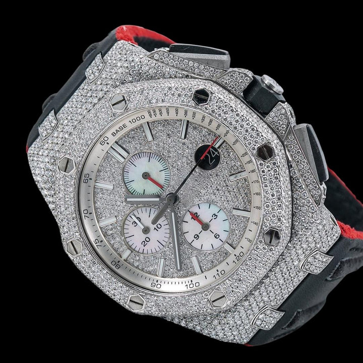AP Royal Oak Offshore Stick Markers Chronograph Black Leather Strap Moissanite Watch Close Up Front View