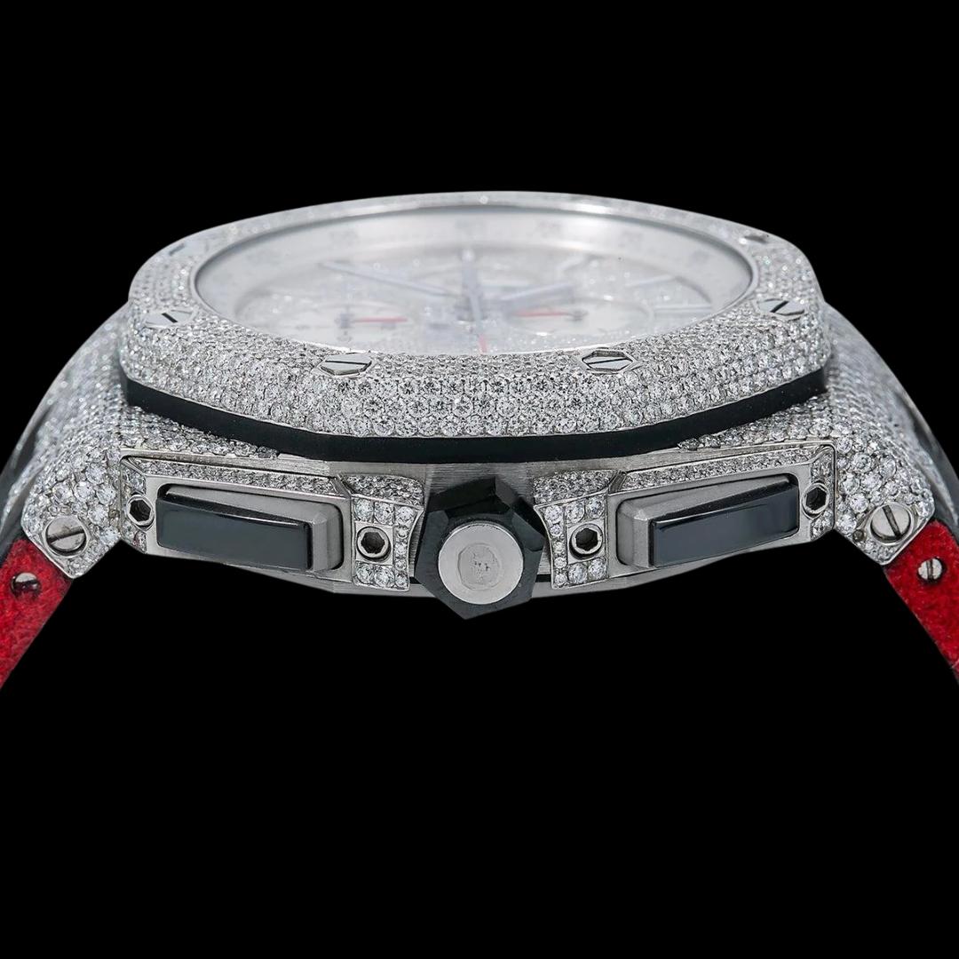 AP Royal Oak Offshore Stick Markers Chronograph Black Leather Strap Moissanite Watch Crown View