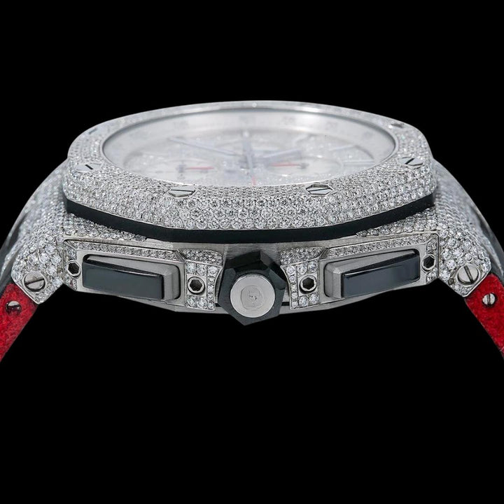 AP Royal Oak Offshore Stick Markers Chronograph Black Leather Strap Moissanite Watch Crown View
