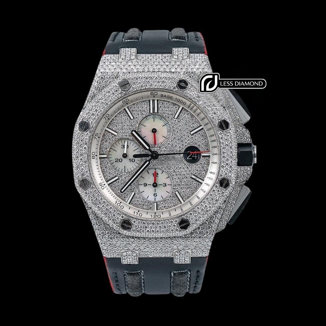 AP Royal Oak Offshore Stick Markers Chronograph Black Leather Strap Moissanite Watch Front View