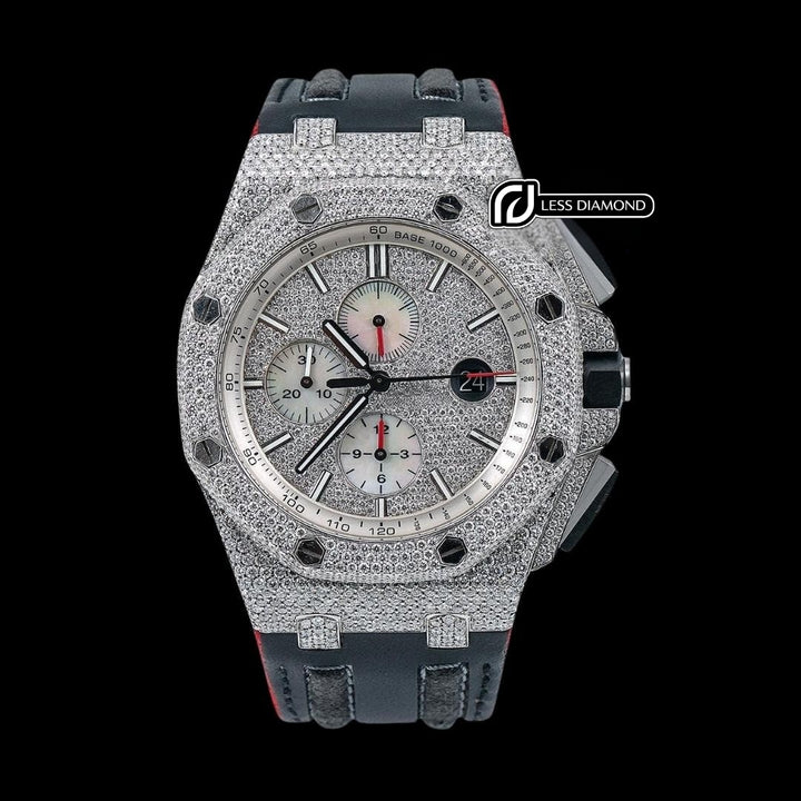 AP Royal Oak Offshore Stick Markers Chronograph Black Leather Strap Moissanite Watch Front View