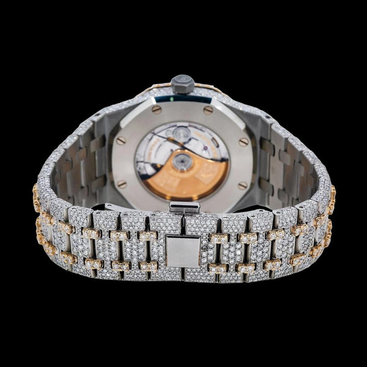 AP Royal Oak Rainbow Arabic Dial Diamond Bezel Two Tone Yellow Gold Fully Iced Out Moissanite Watch Caseback View