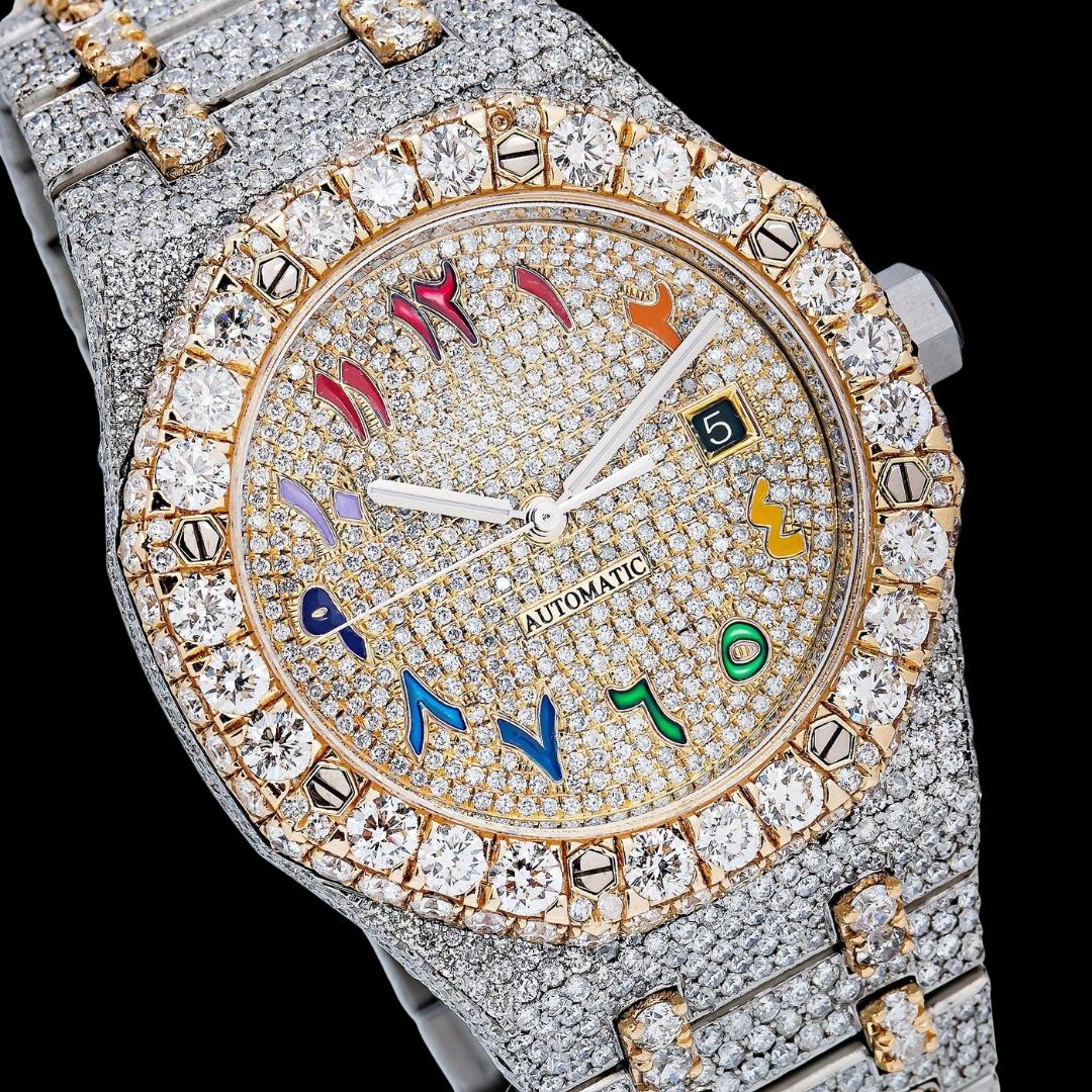AP Royal Oak Rainbow Arabic Dial Diamond Bezel Two Tone Yellow Gold Fully Iced Out Moissanite Watch Close Up Dial View