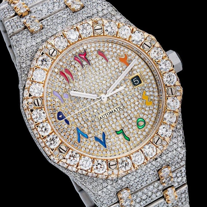AP Royal Oak Rainbow Arabic Dial Diamond Bezel Two Tone Yellow Gold Fully Iced Out Moissanite Watch Close Up Dial View