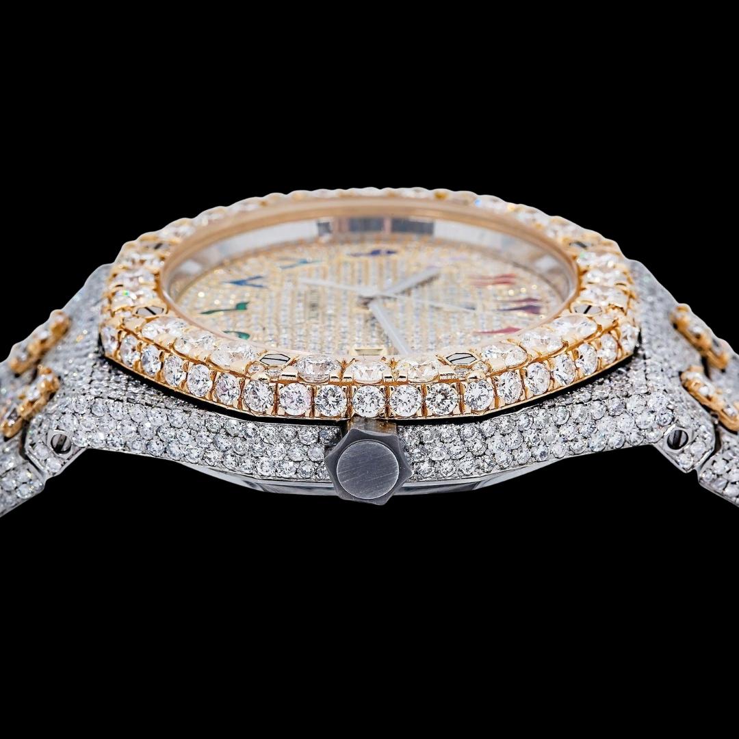 AP Royal Oak Rainbow Arabic Dial Diamond Bezel Two Tone Yellow Gold Fully Iced Out Moissanite Watch Crown View