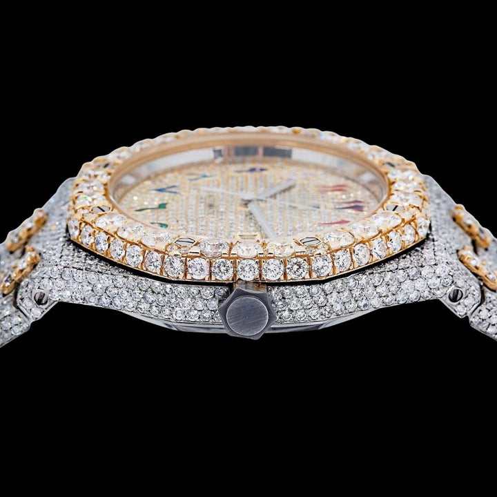 AP Royal Oak Rainbow Arabic Dial Diamond Bezel Two Tone Yellow Gold Fully Iced Out Moissanite Watch Crown View