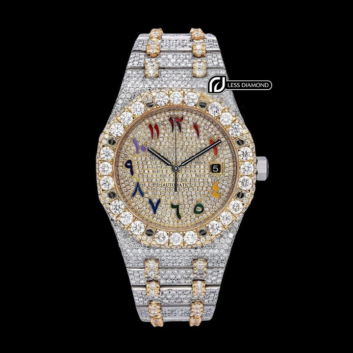 AP Royal Oak Rainbow Arabic Dial Diamond Bezel Two Tone Yellow Gold Fully Iced Out Moissanite Watch Front View