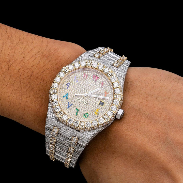 AP Royal Oak Rainbow Arabic Dial Diamond Bezel Two Tone Yellow Gold Fully Iced Out Moissanite Watch On Wrist View