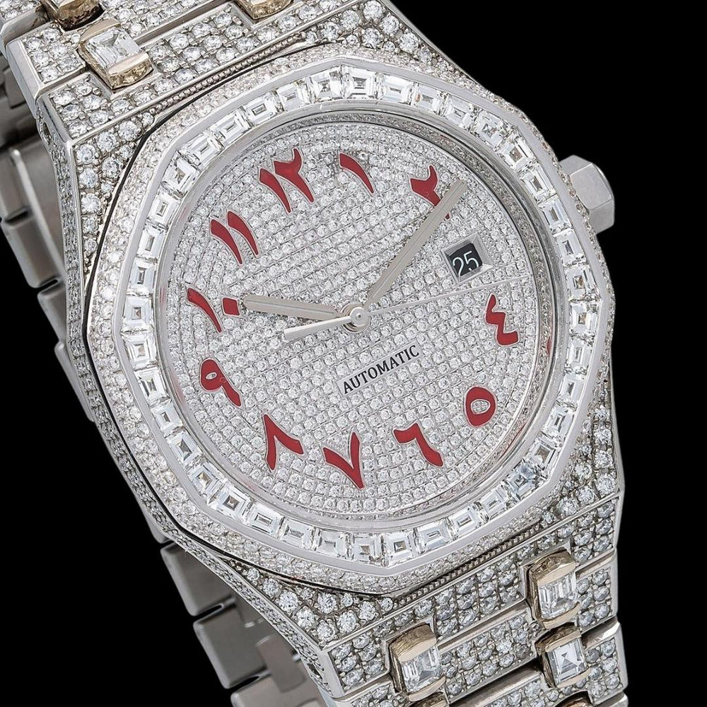 AP Royal Oak Red Arabic Numerals Dial Diamond Bezel Fully Iced Out Moissanite Watch Close Up Dial View