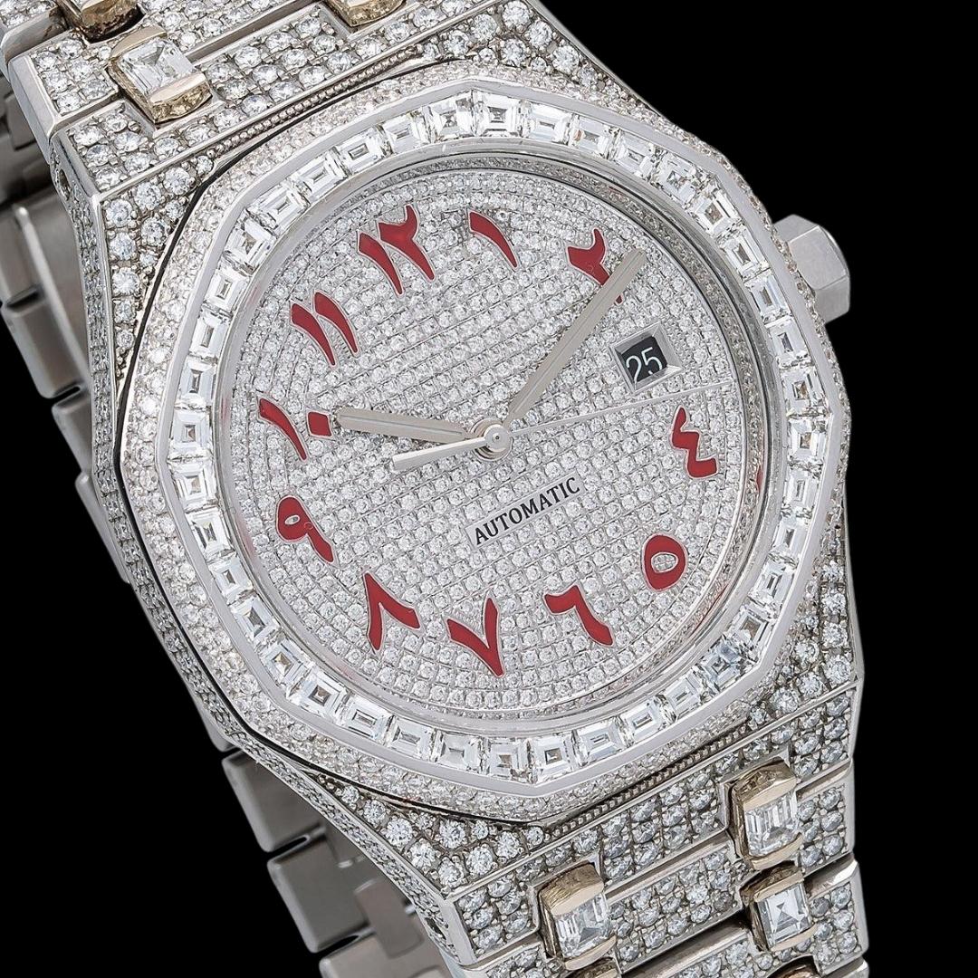 AP Royal Oak Red Arabic Numerals Dial Diamond Bezel Fully Iced Out Moissanite Watch Close Up Dial View
