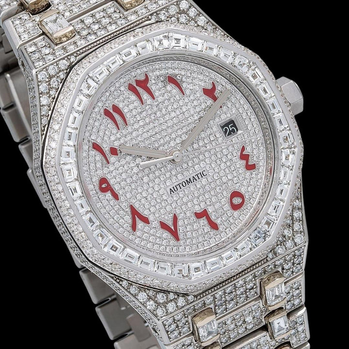 AP Royal Oak Red Arabic Numerals Dial Diamond Bezel Fully Iced Out Moissanite Watch Close Up Dial View