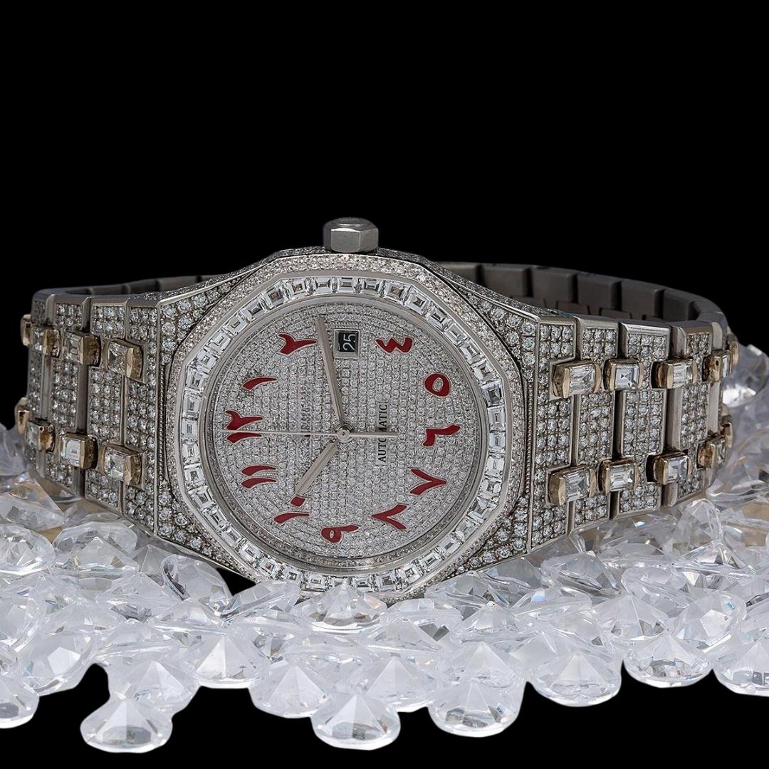 AP Royal Oak Red Arabic Numerals Dial Diamond Bezel Fully Iced Out Moissanite Watch Close Up Front View