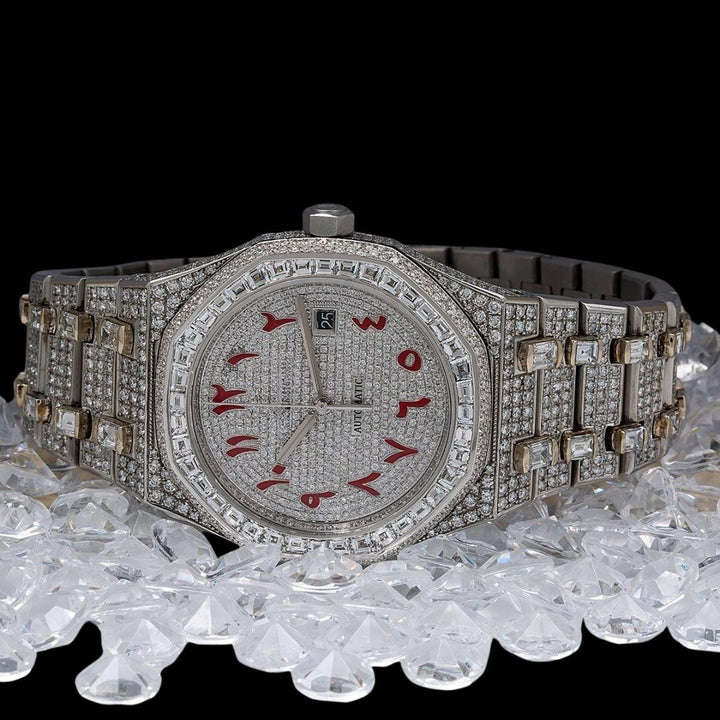 AP Royal Oak Red Arabic Numerals Dial Diamond Bezel Fully Iced Out Moissanite Watch Close Up Front View