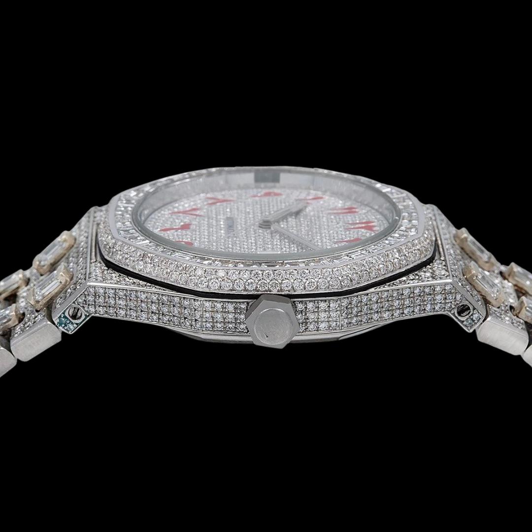 AP Royal Oak Red Arabic Numerals Dial Diamond Bezel Fully Iced Out Moissanite Watch Crown View