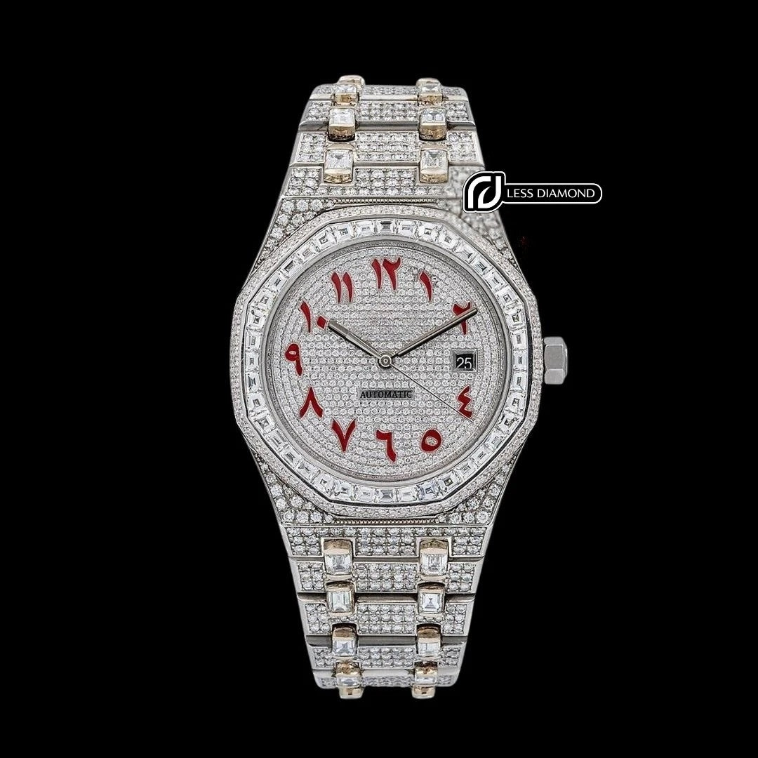 AP Royal Oak Red Arabic Numerals Dial Diamond Bezel Fully Iced Out Moissanite Watch Front View