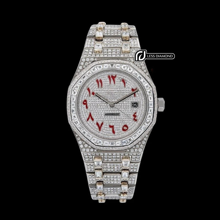 AP Royal Oak Red Arabic Numerals Dial Diamond Bezel Fully Iced Out Moissanite Watch Front View