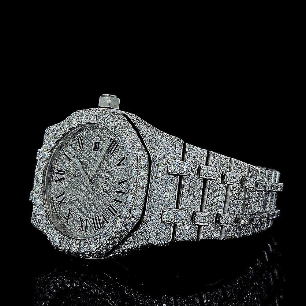 AP Royal Oak Roman Dial Fully Iced Out Moissanite Watch Left Profile View
