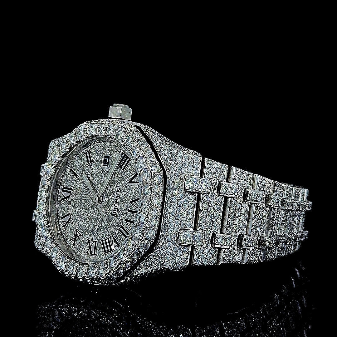 AP Royal Oak Roman Dial Fully Iced Out Moissanite Watch Left Profile View