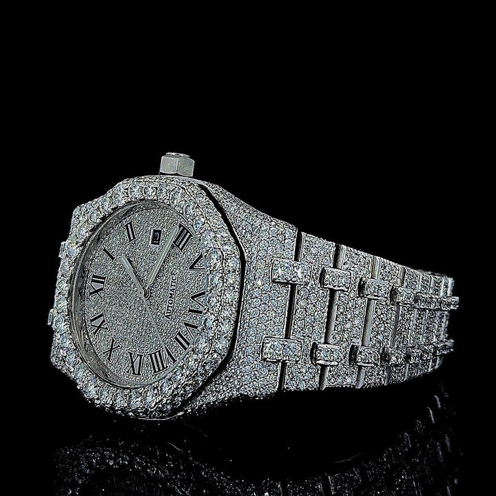 AP Royal Oak Roman Dial Fully Iced Out Moissanite Watch Left Profile View