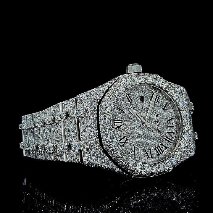AP Royal Oak Roman Dial Fully Iced Out Moissanite Watch Right Profile View