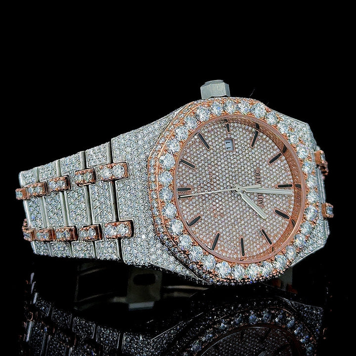 AP Royal Oak Stick Markers Dial Fully Iced Out Two Tone Moissanite Watch Right Profile View