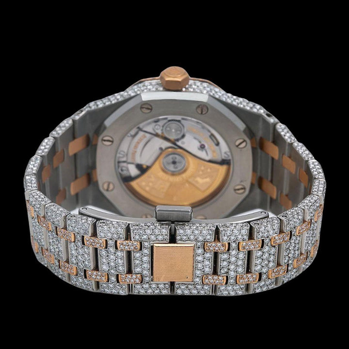 AP Royal Oak Stick Markers Rose Gold Dial Two Tone Iced Out Moissanite Watch Caseback View