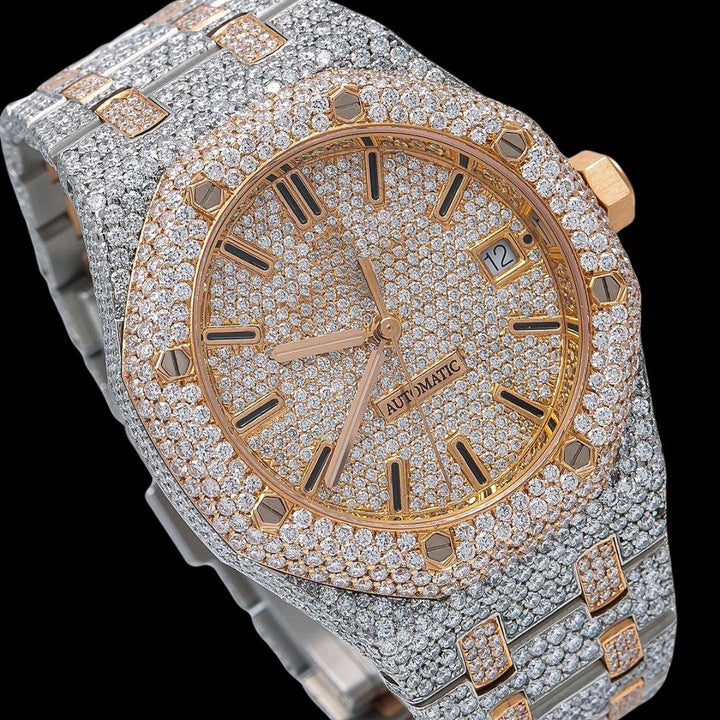 AP Royal Oak Stick Markers Rose Gold Dial Two Tone Iced Out Moissanite Watch Close Up Dial View