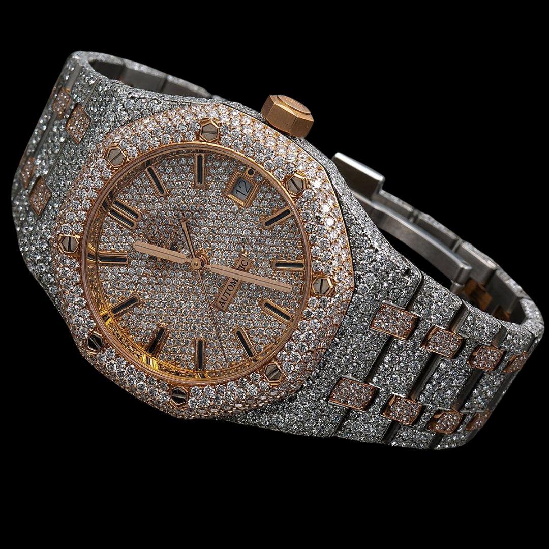 AP Royal Oak Stick Markers Rose Gold Dial Two Tone Iced Out Moissanite Watch Close Up Front View