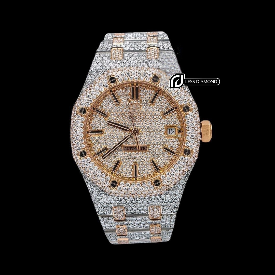 AP Royal Oak Stick Markers Rose Gold Dial Two Tone Iced Out Moissanite Watch Front View