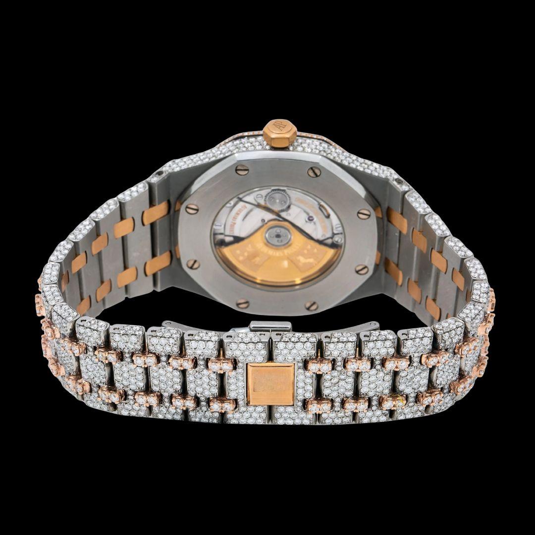 AP Royal Oak White Dial Stick Markers Diamond Bezel Two Tone Rose Gold Moissanite Watch Caseback View