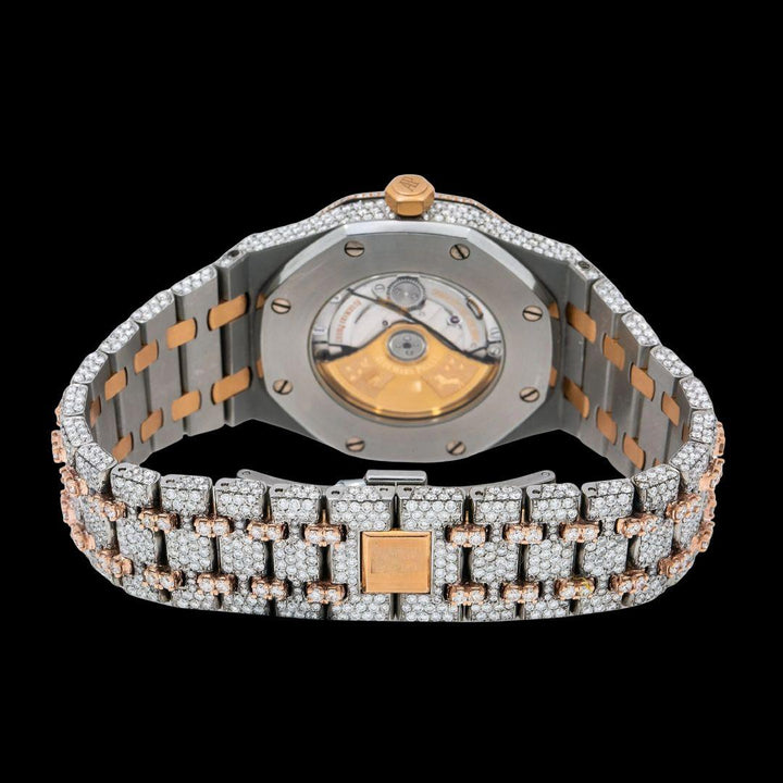 AP Royal Oak White Dial Stick Markers Diamond Bezel Two Tone Rose Gold Moissanite Watch Caseback View