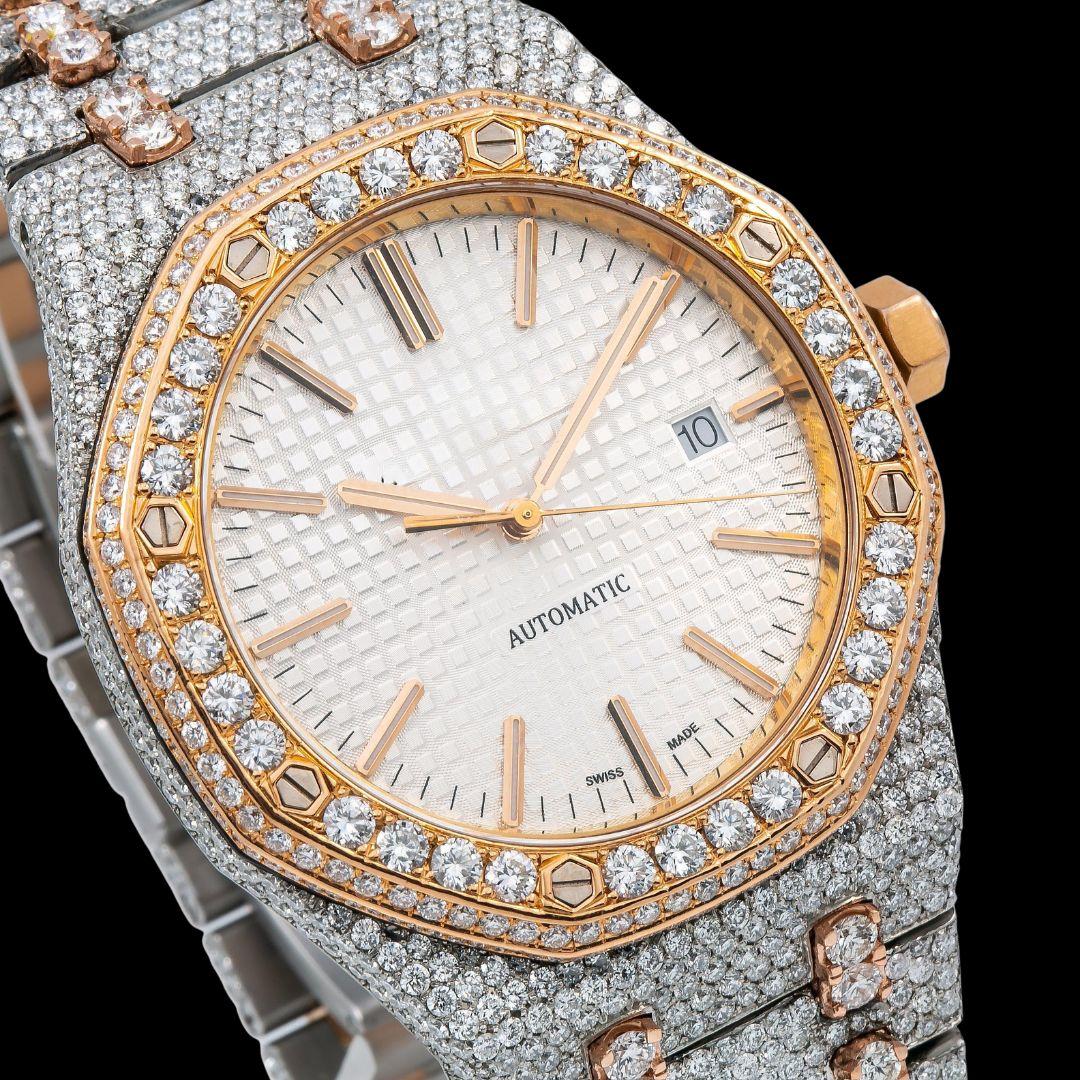 AP Royal Oak White Dial Stick Markers Diamond Bezel Two Tone Rose Gold Moissanite Watch Close Up Dial View