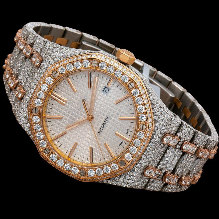 AP Royal Oak White Dial Stick Markers Diamond Bezel Two Tone Rose Gold Moissanite Watch Close Up Front View