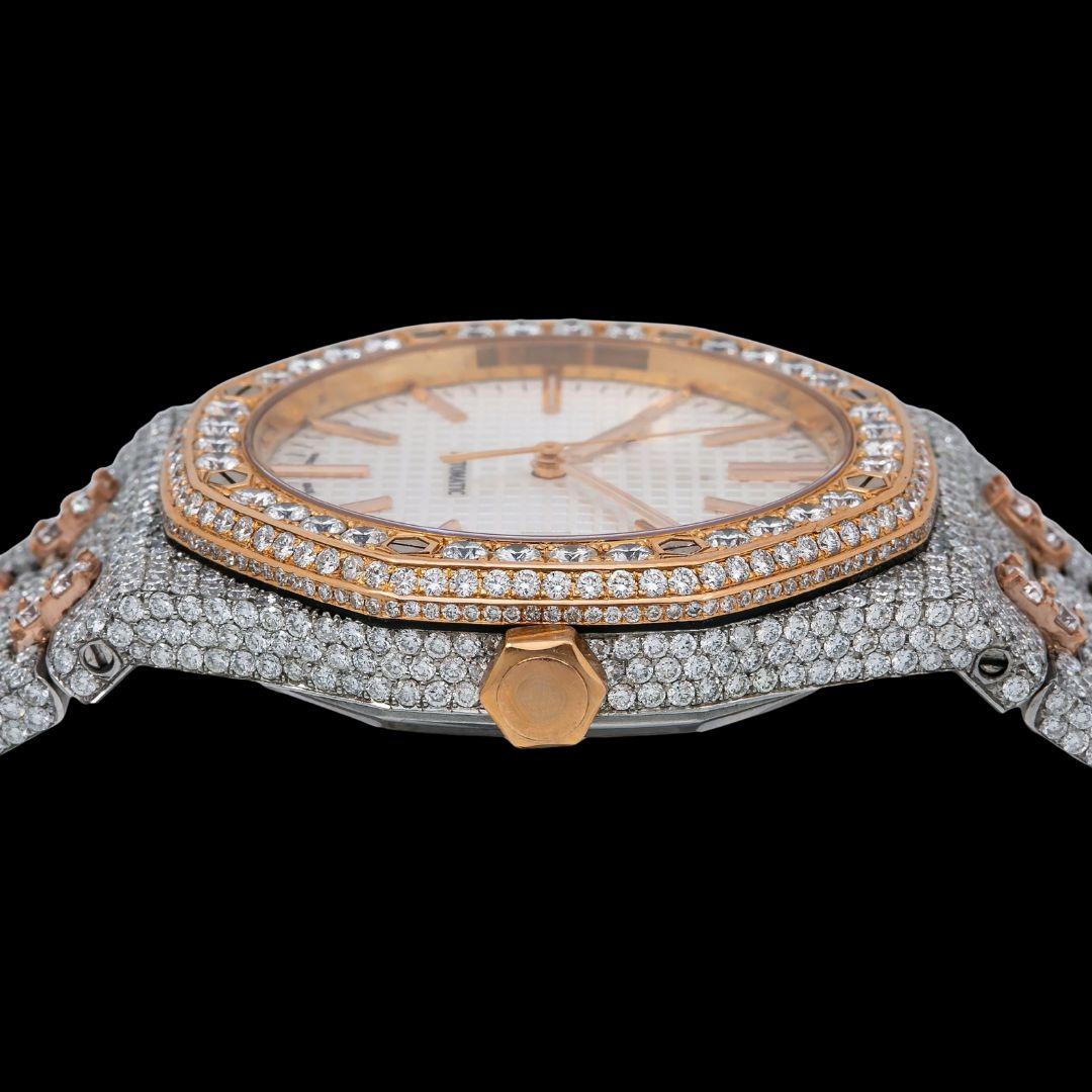 AP Royal Oak White Dial Stick Markers Diamond Bezel Two Tone Rose Gold Moissanite Watch Crown View