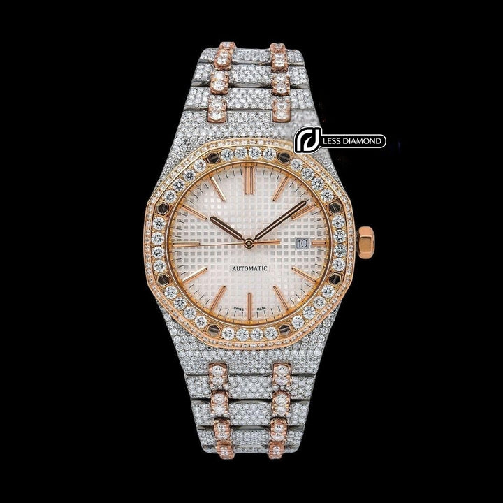 AP Royal Oak White Dial Stick Markers Diamond Bezel Two Tone Rose Gold Moissanite Watch Front View
