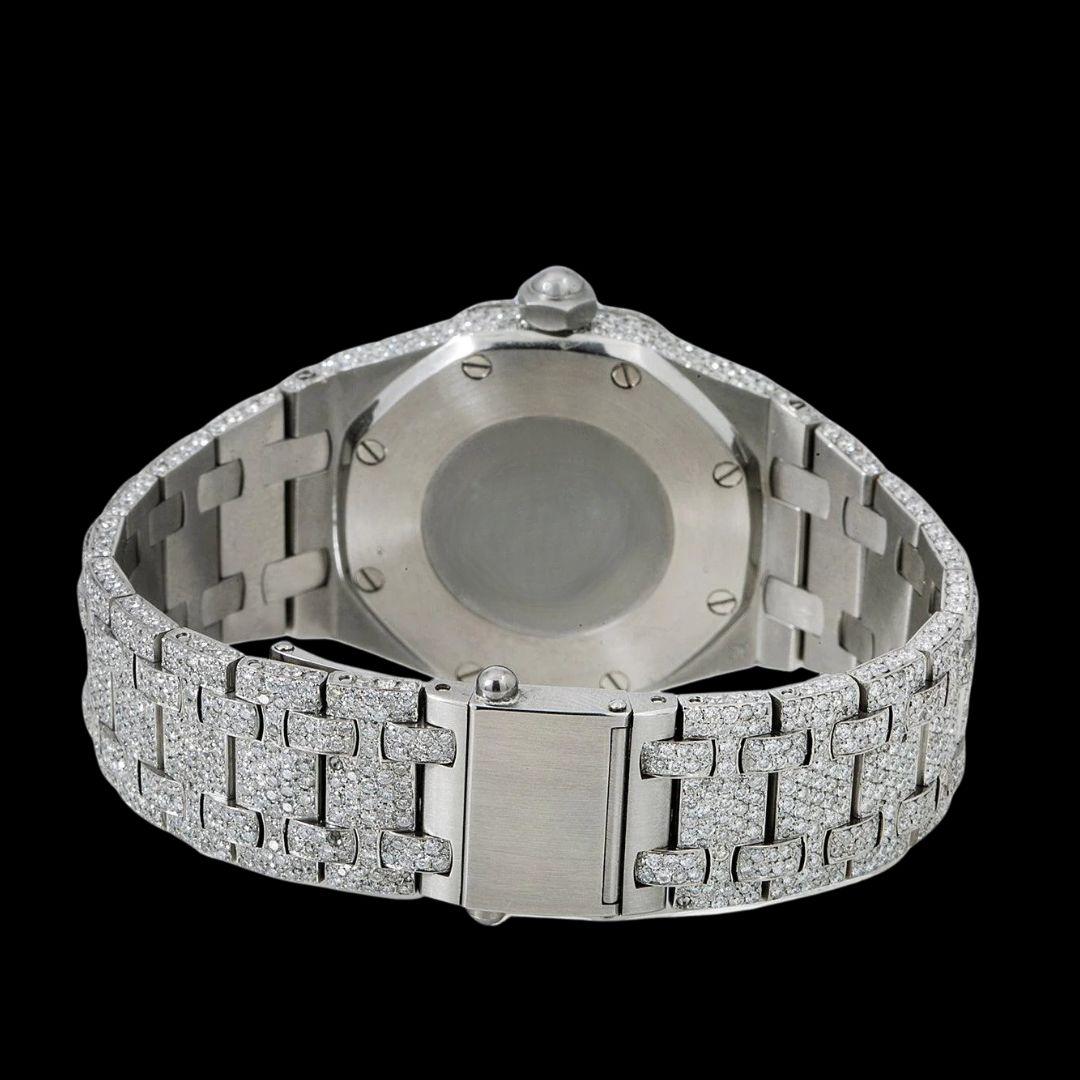 AP Royal Oak White Dial White Stick Markers Fully Iced Out Moissanite Watch Caseback View