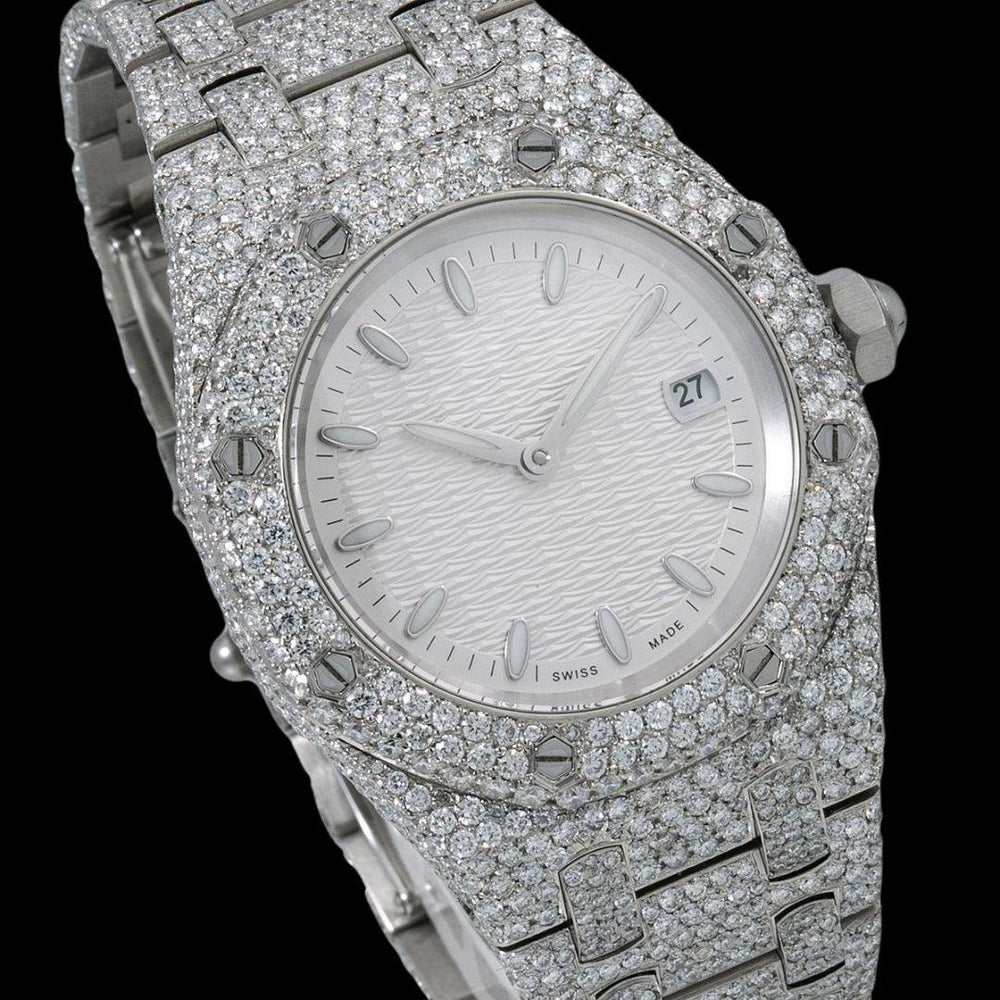 AP Royal Oak White Dial White Stick Markers Fully Iced Out Moissanite Watch Close Up Dial View