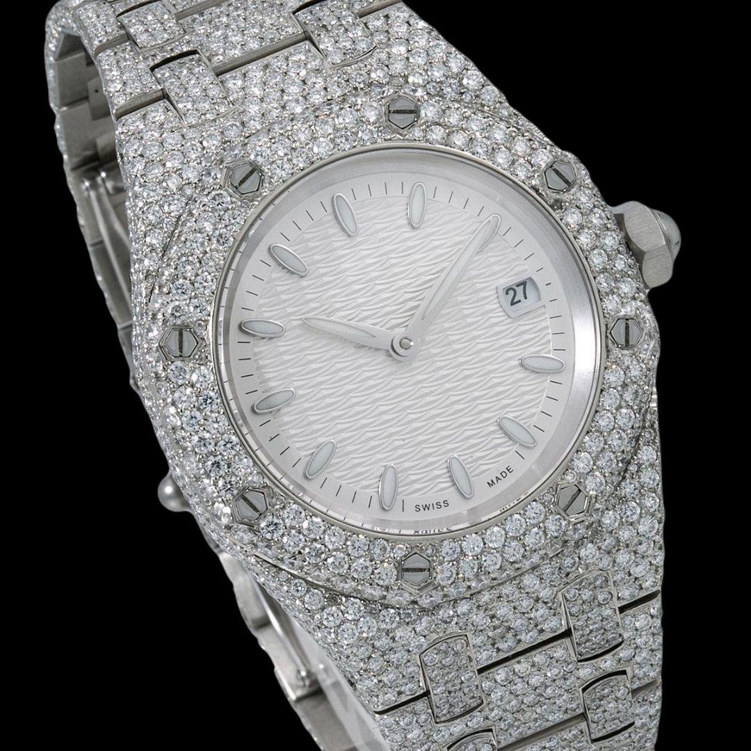 AP Royal Oak White Dial White Stick Markers Fully Iced Out Moissanite Watch Close Up Dial View