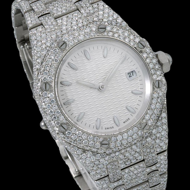 AP Royal Oak White Dial White Stick Markers Fully Iced Out Moissanite Watch Close Up Dial View