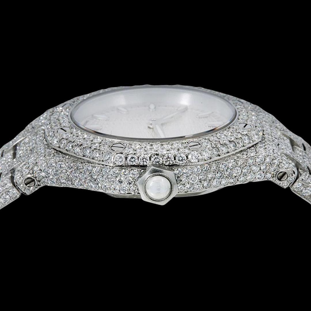 AP Royal Oak White Dial White Stick Markers Fully Iced Out Moissanite Watch Crown View