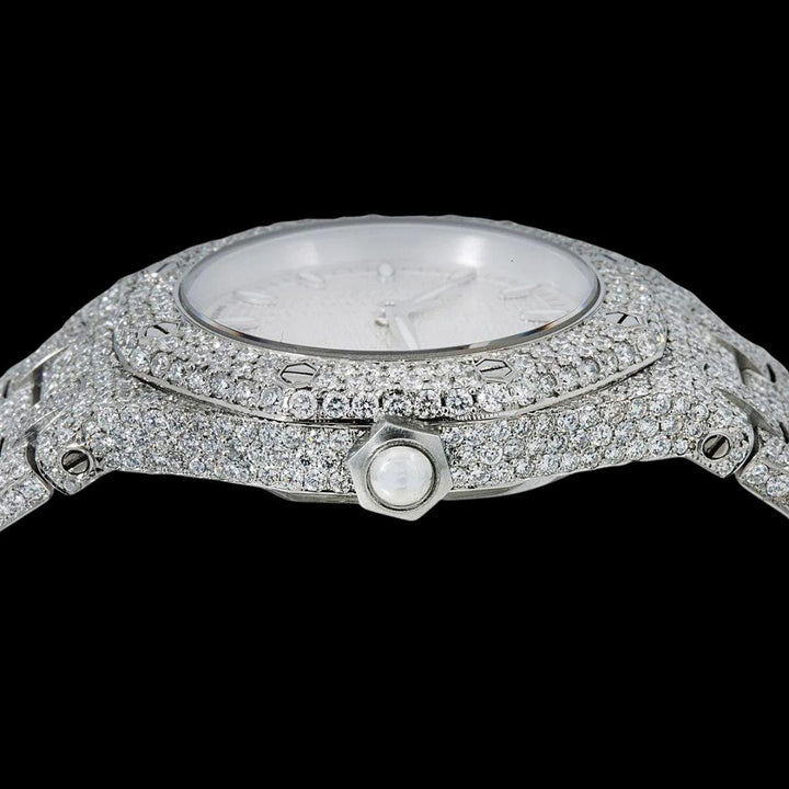 AP Royal Oak White Dial White Stick Markers Fully Iced Out Moissanite Watch Crown View